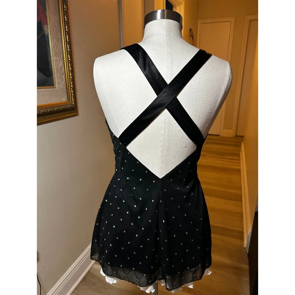 Dressbarn Collection Black Rhinestone Mesh Halter Top Ruched Waist Size 12
